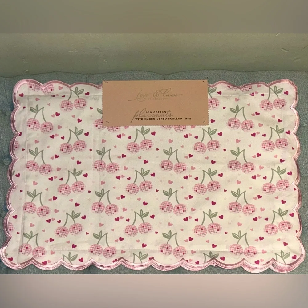 SET OF 4 CHERRY DISCO BALL PLACEMENTS NWTS MADE BY LOVE & LACE BY INDIGO HOME.